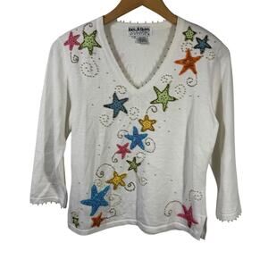 Jack B Quick Top Women S White Embroidered Starfish Beaded Detail Coastal Cotton